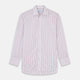 The Turnbull & Asser Red Multi-stripe Cotton Regular Fit Mayfair Shirt features red and blue vertical stripes on white, a T&A collar, and long sleeves. The shirt is shown neatly laid flat on a white surface.