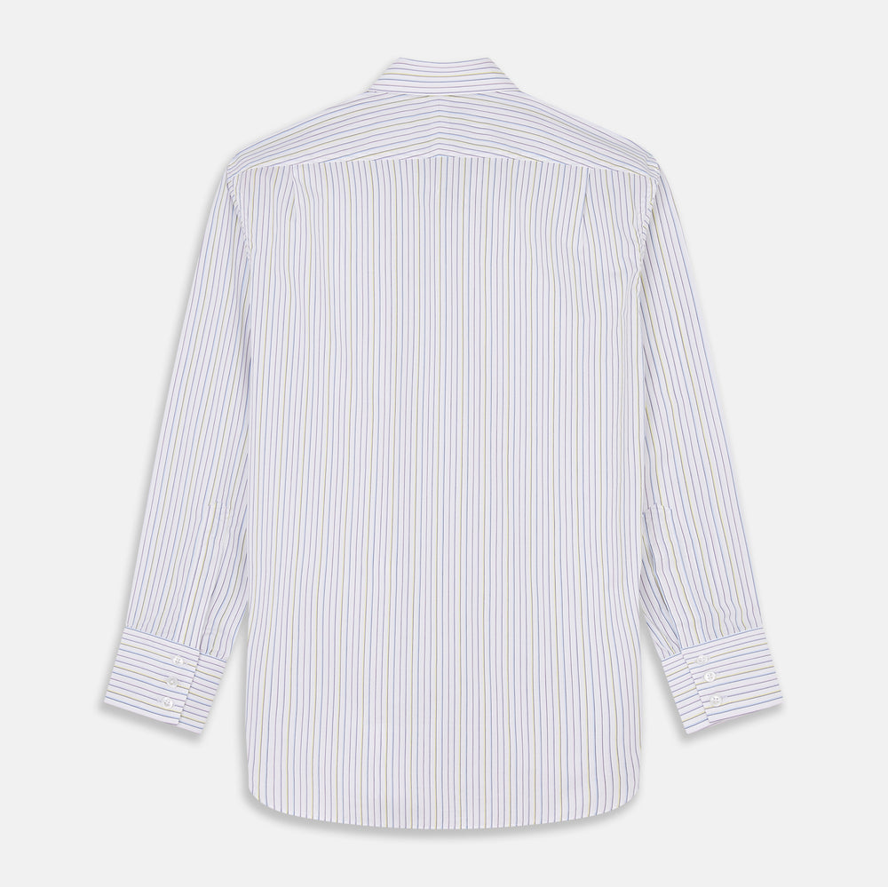 The Turnbull & Asser Purple Multi-stripe Cotton Regular Fit Mayfair Shirt is a men’s button-up with a T&A collar, showcasing thin vertical stripes, neatly laid flat against a white background.