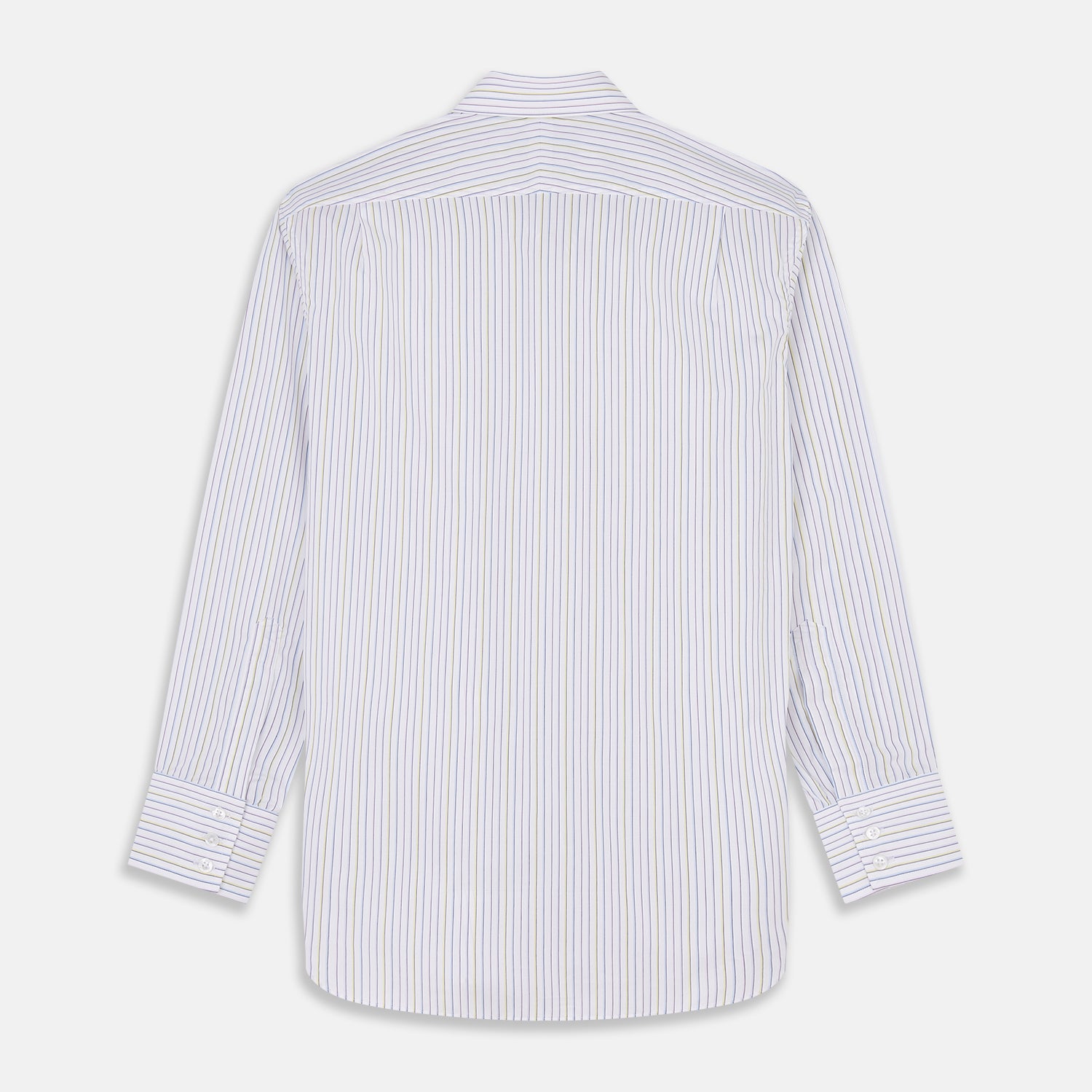 View 5 of product The Turnbull & Asser Purple Multi-stripe Cotton Regular Fit Mayfair Shirt is a men’s button-up with a T&A collar, showcasing thin vertical stripes, neatly laid flat against a white background.