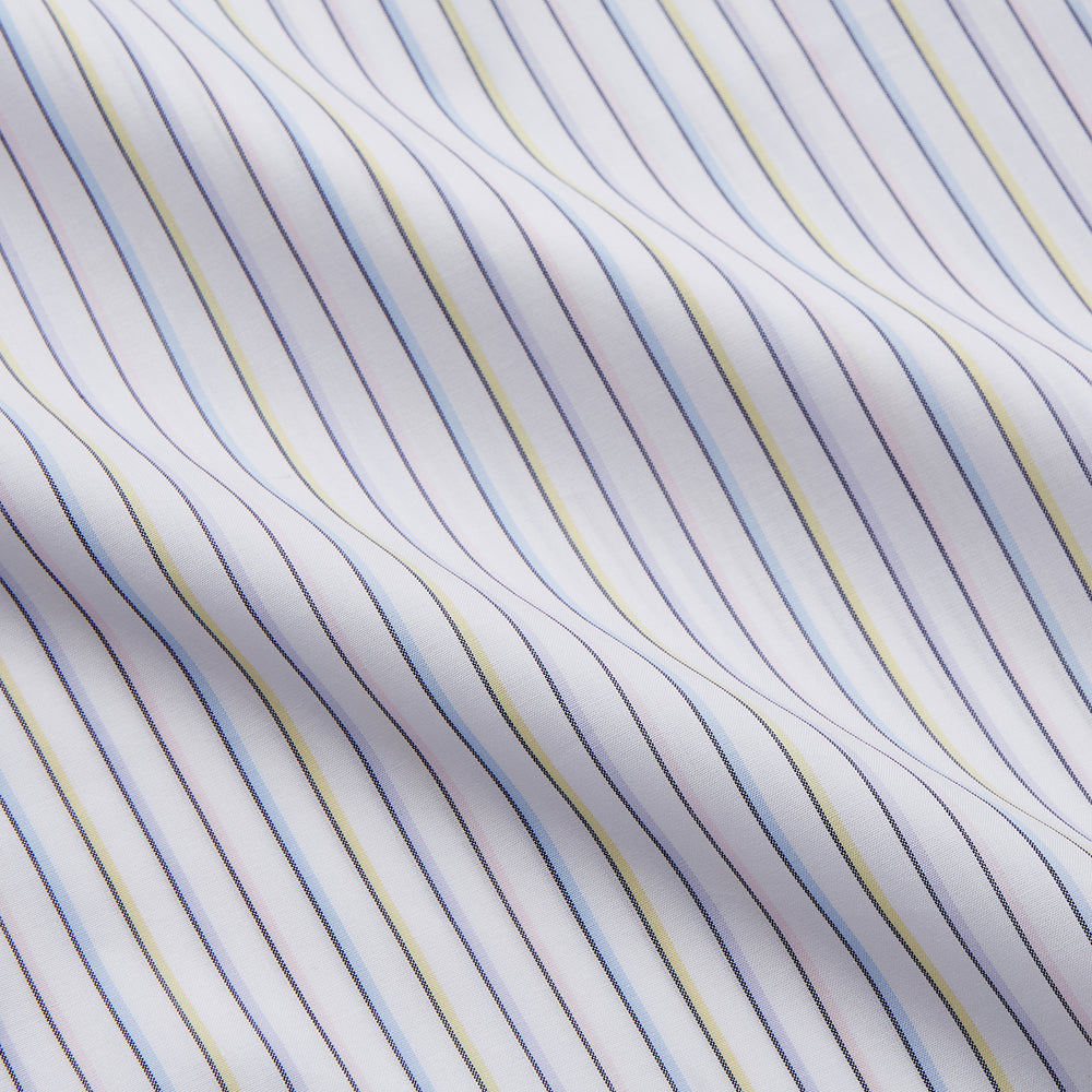 The Turnbull & Asser Purple Multi-stripe Cotton Regular Fit Mayfair Shirt is a men’s button-up with a T&A collar, showcasing thin vertical stripes, neatly laid flat against a white background.