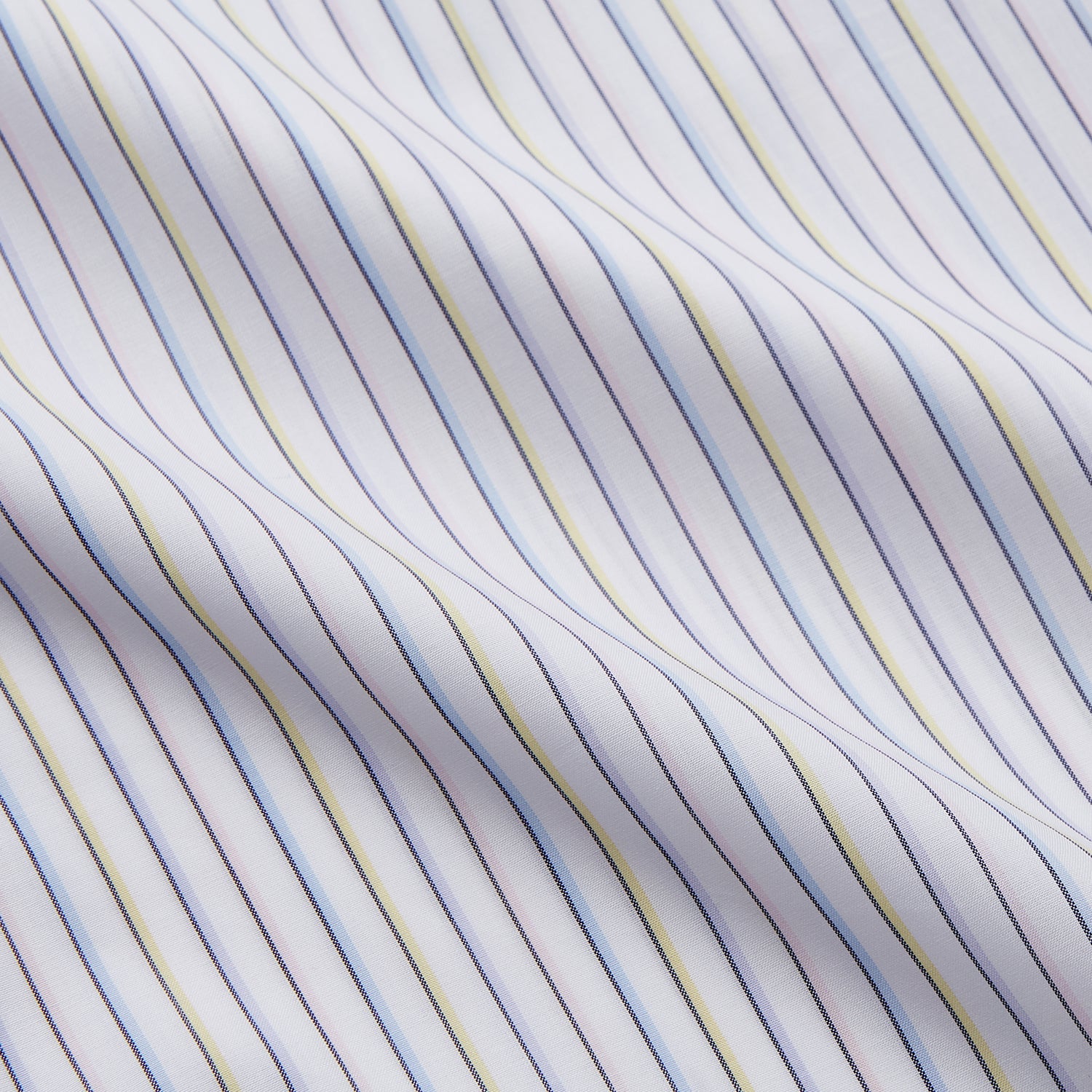 View 4 of product The Turnbull & Asser Purple Multi-stripe Cotton Regular Fit Mayfair Shirt is a men’s button-up with a T&A collar, showcasing thin vertical stripes, neatly laid flat against a white background.