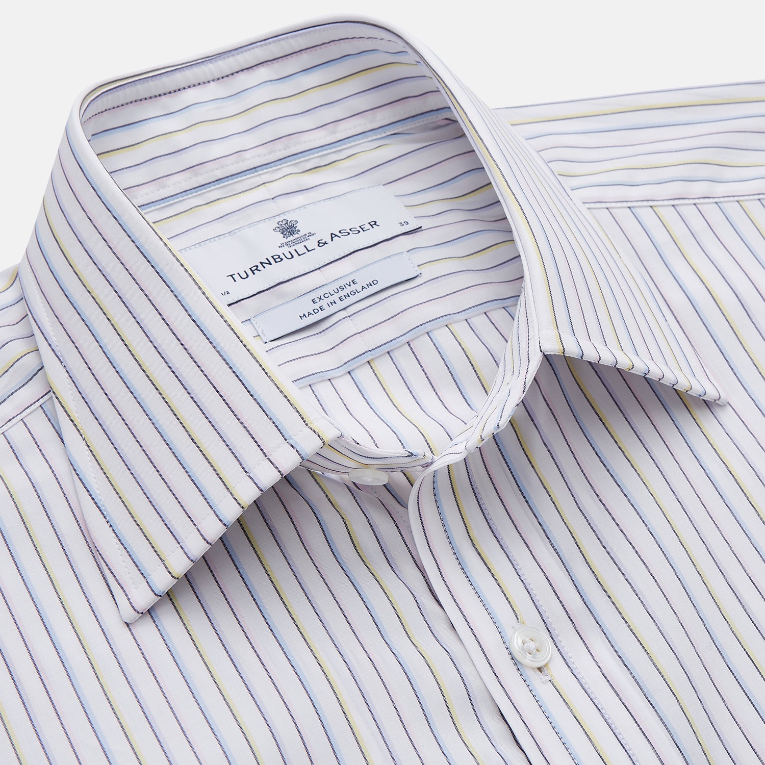 View 2 of product The Turnbull & Asser Purple Multi-stripe Cotton Regular Fit Mayfair Shirt is a men’s button-up with a T&A collar, showcasing thin vertical stripes, neatly laid flat against a white background.