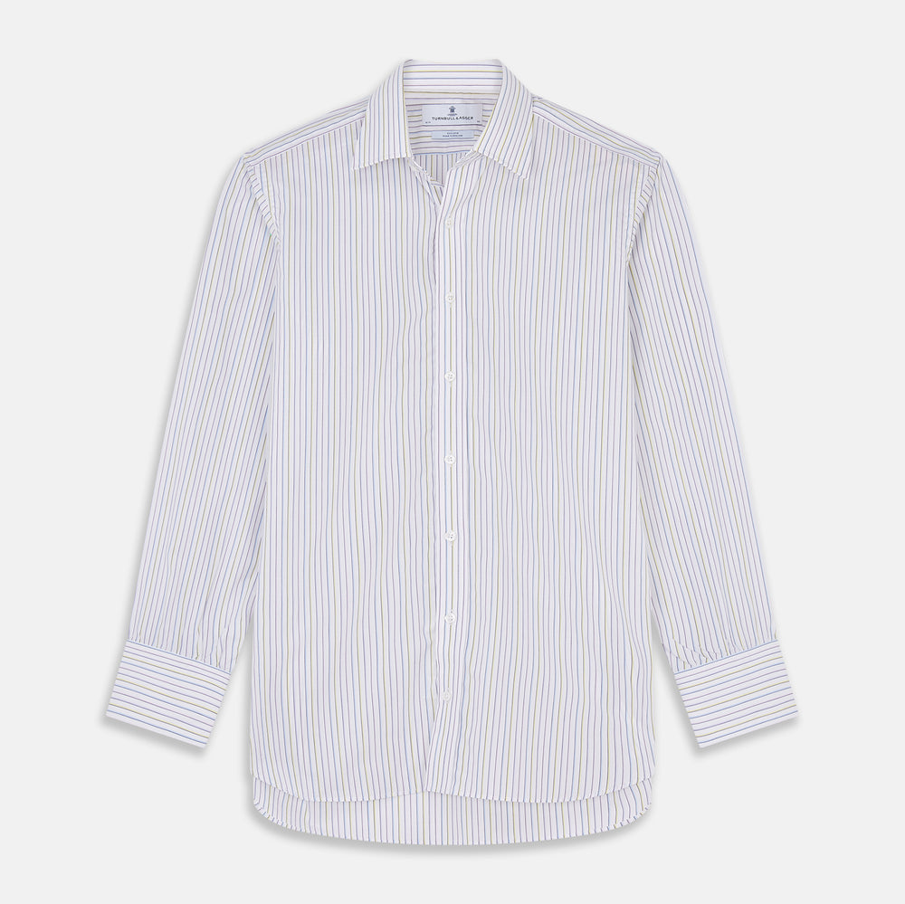 The Turnbull & Asser Purple Multi-stripe Cotton Regular Fit Mayfair Shirt is a men’s button-up with a T&A collar, showcasing thin vertical stripes, neatly laid flat against a white background.