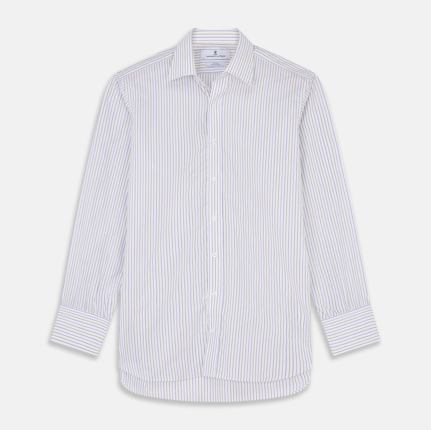 View 1 of product The Turnbull & Asser Purple Multi-stripe Cotton Regular Fit Mayfair Shirt is a men’s button-up with a T&A collar, showcasing thin vertical stripes, neatly laid flat against a white background.