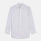 The Turnbull & Asser Purple Multi-stripe Cotton Regular Fit Mayfair Shirt is a men’s button-up with a T&A collar, showcasing thin vertical stripes, neatly laid flat against a white background.