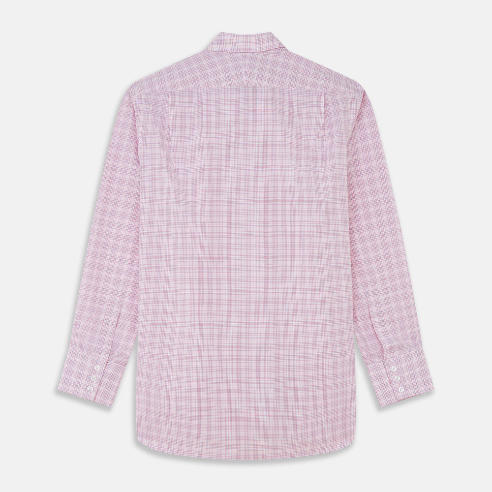 The Turnbull & Asser Pink Multi-check Cotton Regular Fit Mayfair Shirt features long sleeves, a T&A collar, buttoned cuffs, and a light pink check pattern, shown against a plain white background.