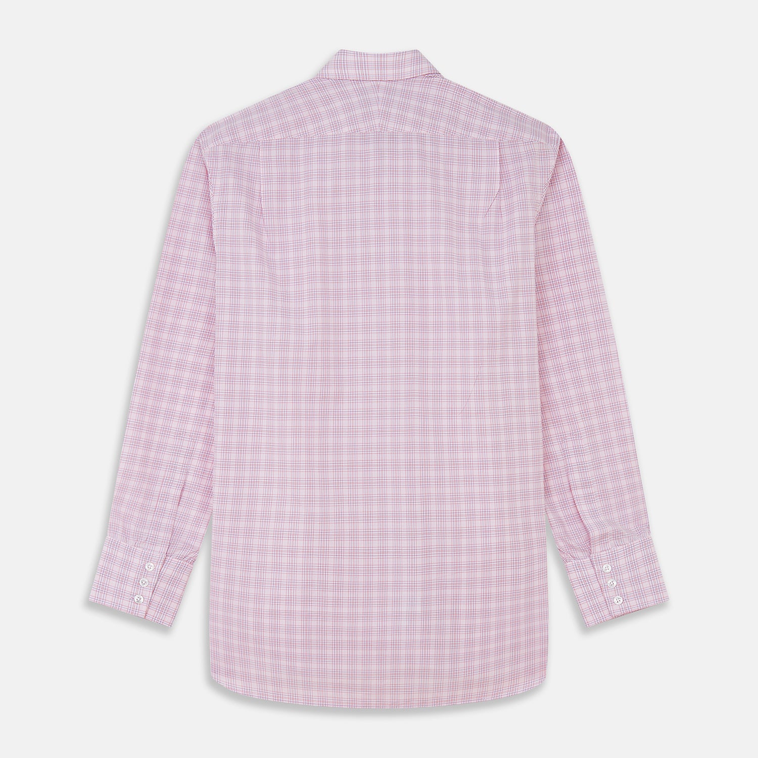 View 5 of product The Turnbull & Asser Pink Multi-check Cotton Regular Fit Mayfair Shirt features long sleeves, a T&A collar, buttoned cuffs, and a light pink check pattern, shown against a plain white background.