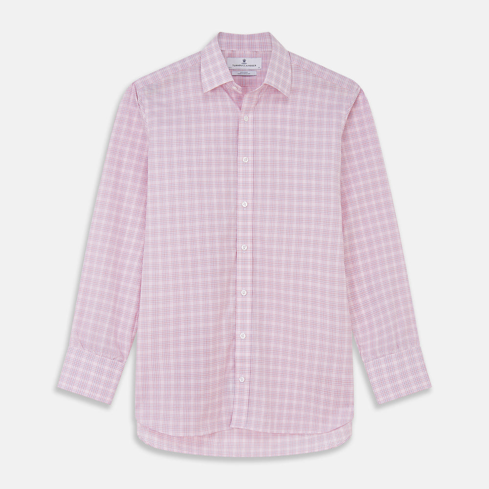 The Turnbull & Asser Pink Multi-check Cotton Regular Fit Mayfair Shirt features long sleeves, a T&A collar, buttoned cuffs, and a light pink check pattern, shown against a plain white background.
