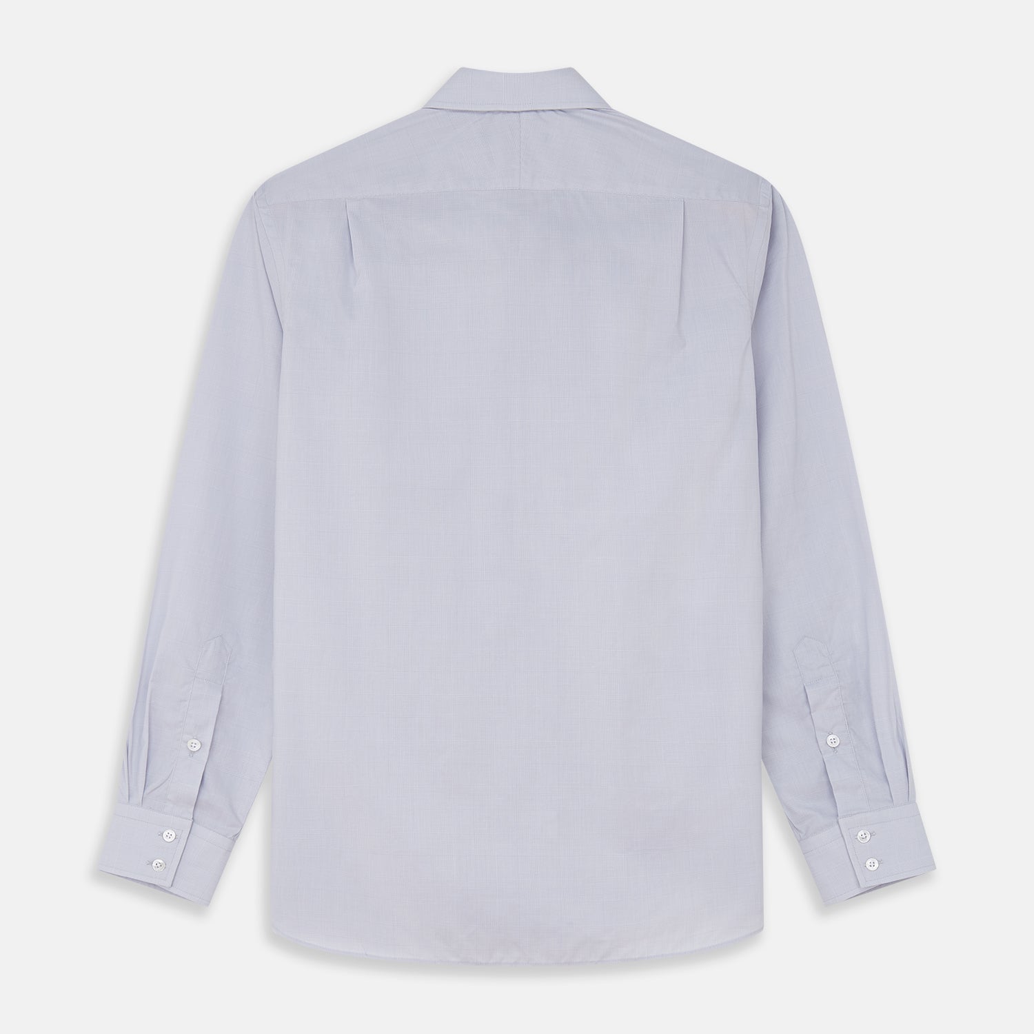 View 5 of product The Turnbull & Asser Faded Blue Block Check Cotton Shelton Shirt features a tailored fit, long sleeves, button-down front, and classic collar, displayed flat on a white background.