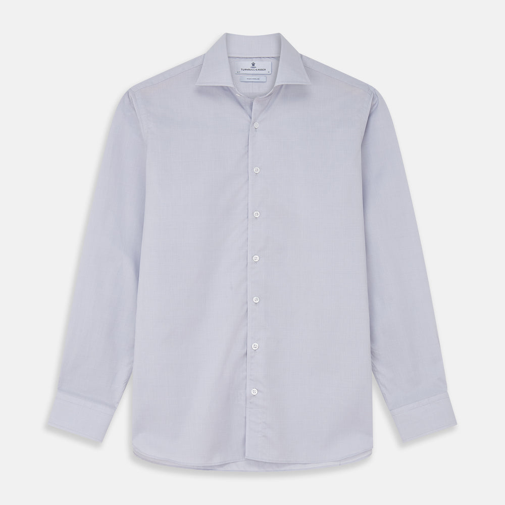 The Turnbull & Asser Faded Blue Block Check Cotton Shelton Shirt features a tailored fit, long sleeves, button-down front, and classic collar, displayed flat on a white background.