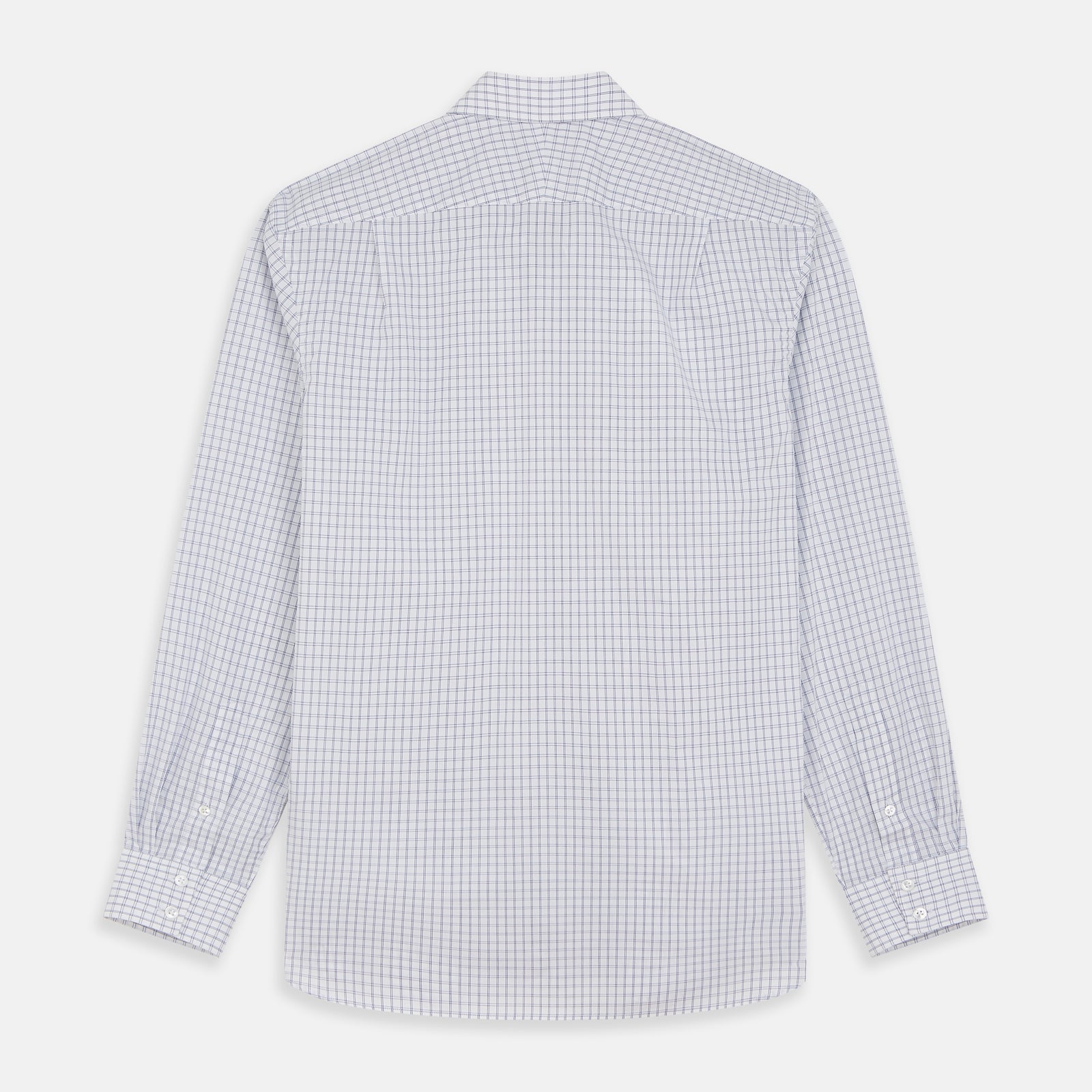 View 5 of product The Turnbull & Asser White and Blue Check Cotton Tailored Fit Shelton Shirt, a men's button-up dress shirt, is shown laid flat on a white background.