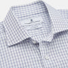 View 2 of product The Turnbull & Asser White and Blue Check Cotton Tailored Fit Shelton Shirt, a men's button-up dress shirt, is shown laid flat on a white background.