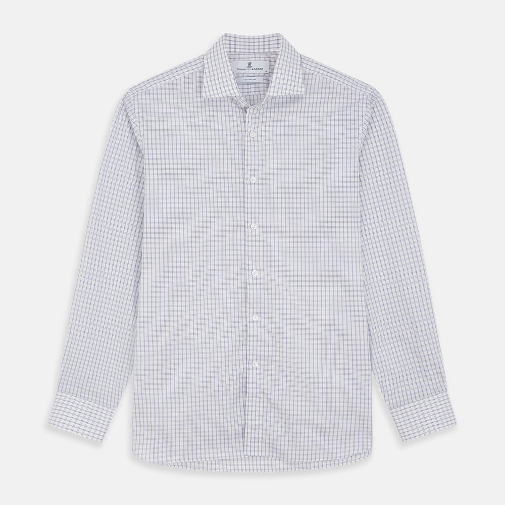 The Turnbull & Asser White and Blue Check Cotton Tailored Fit Shelton Shirt, a men's button-up dress shirt, is shown laid flat on a white background.