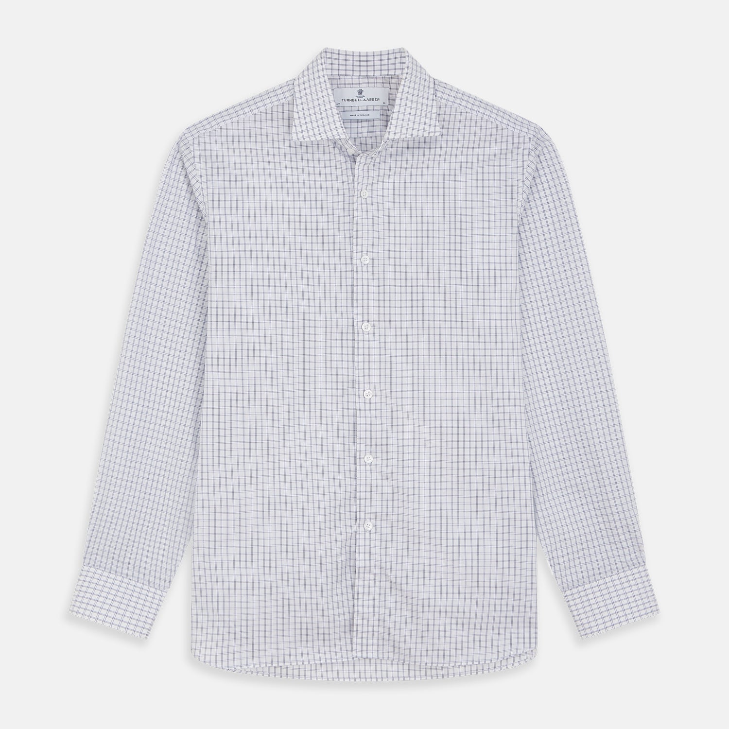 View 1 of product The Turnbull & Asser White and Blue Check Cotton Tailored Fit Shelton Shirt, a men's button-up dress shirt, is shown laid flat on a white background.