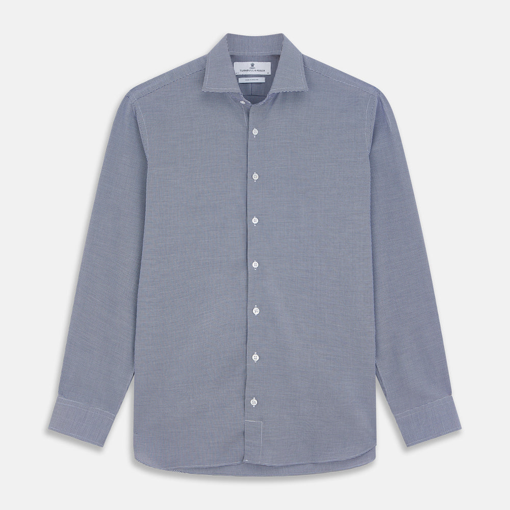 The Turnbull & Asser Navy Pattern Cotton Voile Tailored Fit Shelton Shirt is laid flat, showcasing its classic collar and white front and cuff buttons.