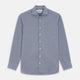 The Turnbull & Asser Navy Pattern Cotton Voile Tailored Fit Shelton Shirt is laid flat, showcasing its classic collar and white front and cuff buttons.