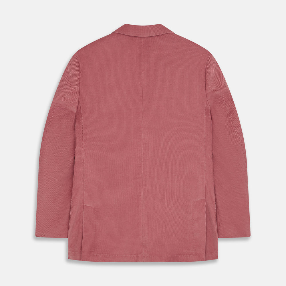 The Turnbull & Asser Pink Cord Bern Blazer features notch lapels, two brown buttons, three front pockets, and buttoned cuffs, showcasing Italian tailoring against a plain white background.