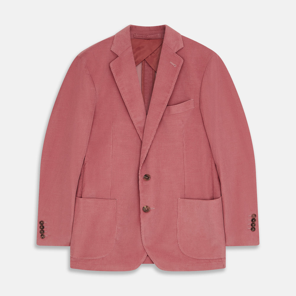 The Turnbull & Asser Pink Cord Bern Blazer features notch lapels, two brown buttons, three front pockets, and buttoned cuffs, showcasing Italian tailoring against a plain white background.