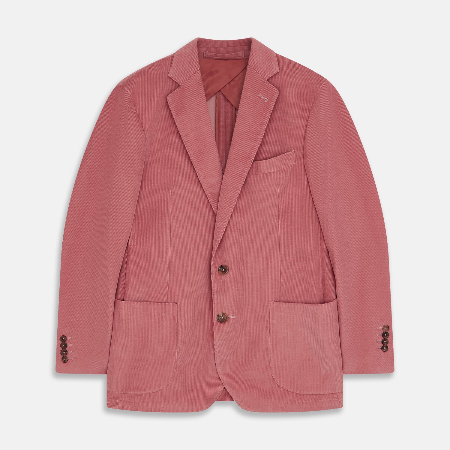 View 1 of product The Turnbull & Asser Pink Cord Bern Blazer features notch lapels, two brown buttons, three front pockets, and buttoned cuffs, showcasing Italian tailoring against a plain white background.