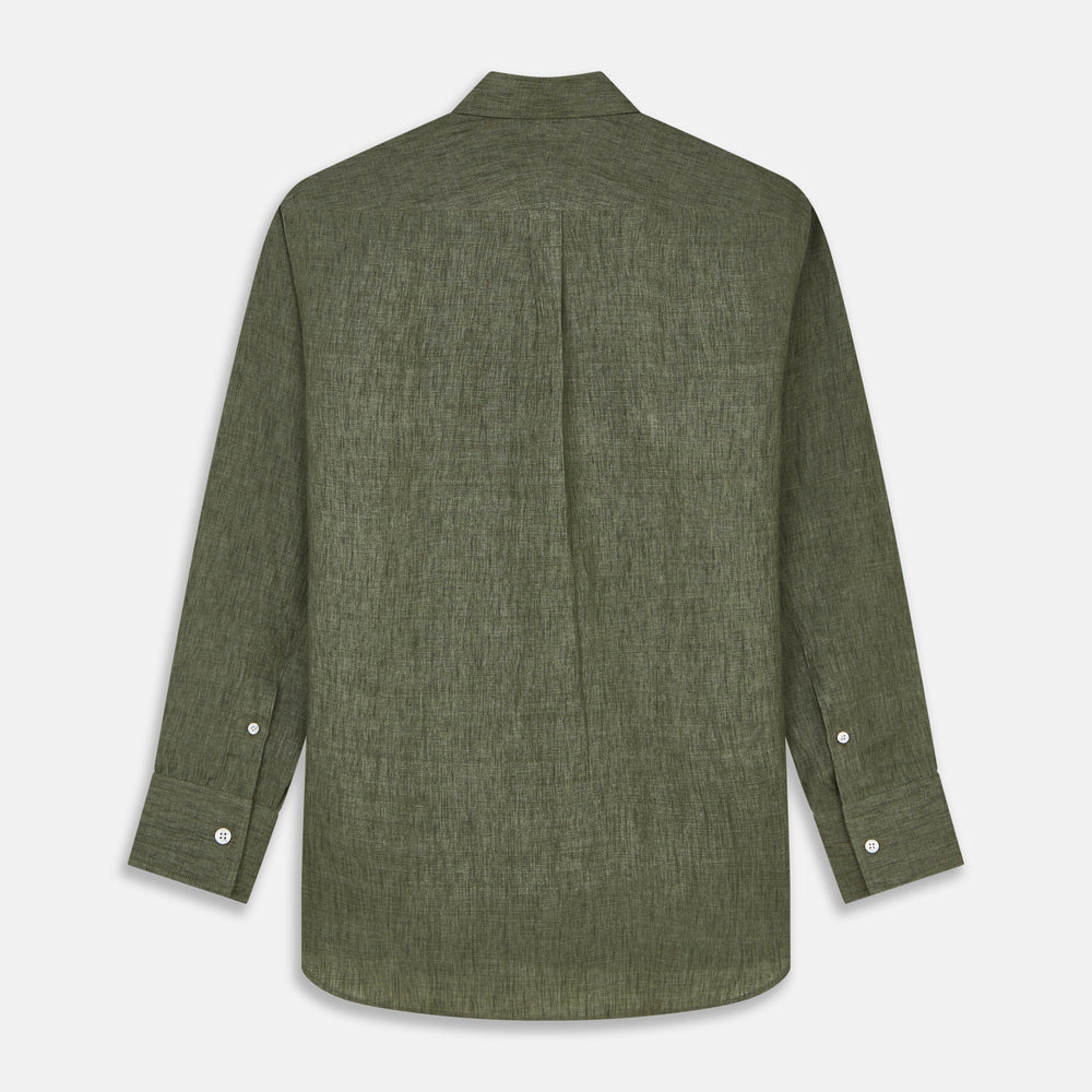 The Sage Green Linen Weekend Fit Finch Shirt by Turnbull & Asser features a classic collar, white buttons, and a single chest pocket—an essential piece for any men's wardrobe. Displayed flat on a white background for a clean look.