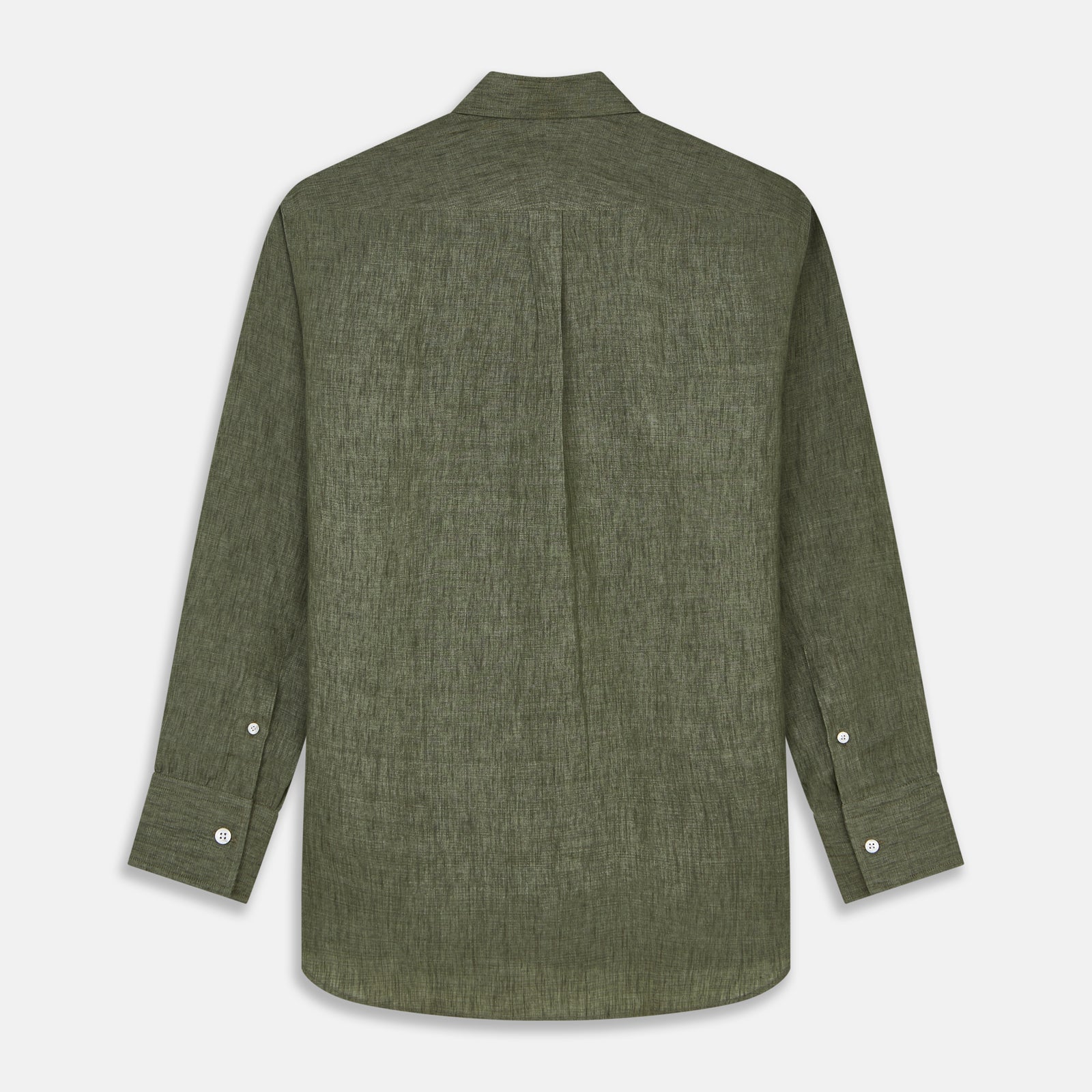View 5 of product The Sage Green Linen Weekend Fit Finch Shirt by Turnbull & Asser features a classic collar, white buttons, and a single chest pocket—an essential piece for any men's wardrobe. Displayed flat on a white background for a clean look.