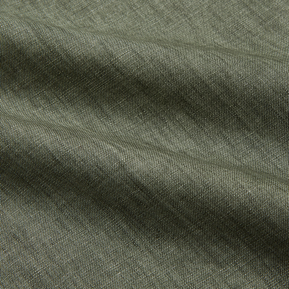 The Sage Green Linen Weekend Fit Finch Shirt by Turnbull & Asser features a classic collar, white buttons, and a single chest pocket—an essential piece for any men's wardrobe. Displayed flat on a white background for a clean look.