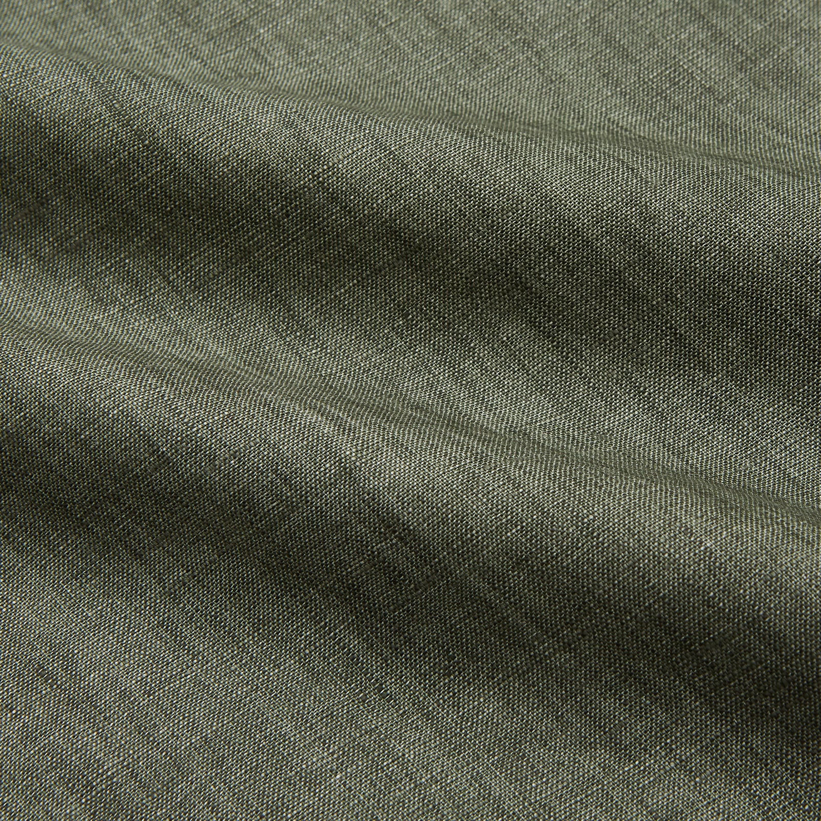 View 4 of product The Sage Green Linen Weekend Fit Finch Shirt by Turnbull & Asser features a classic collar, white buttons, and a single chest pocket—an essential piece for any men's wardrobe. Displayed flat on a white background for a clean look.