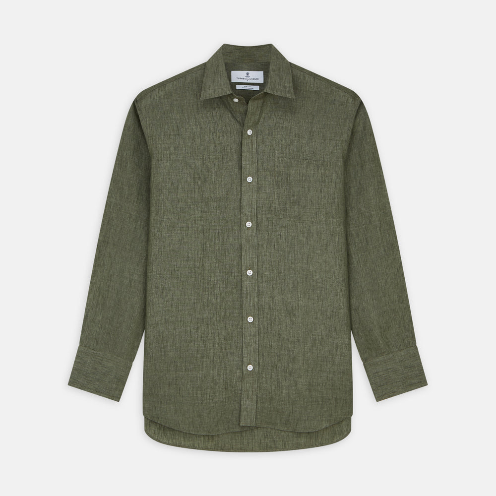 The Sage Green Linen Weekend Fit Finch Shirt by Turnbull & Asser features a classic collar, white buttons, and a single chest pocket—an essential piece for any men's wardrobe. Displayed flat on a white background for a clean look.