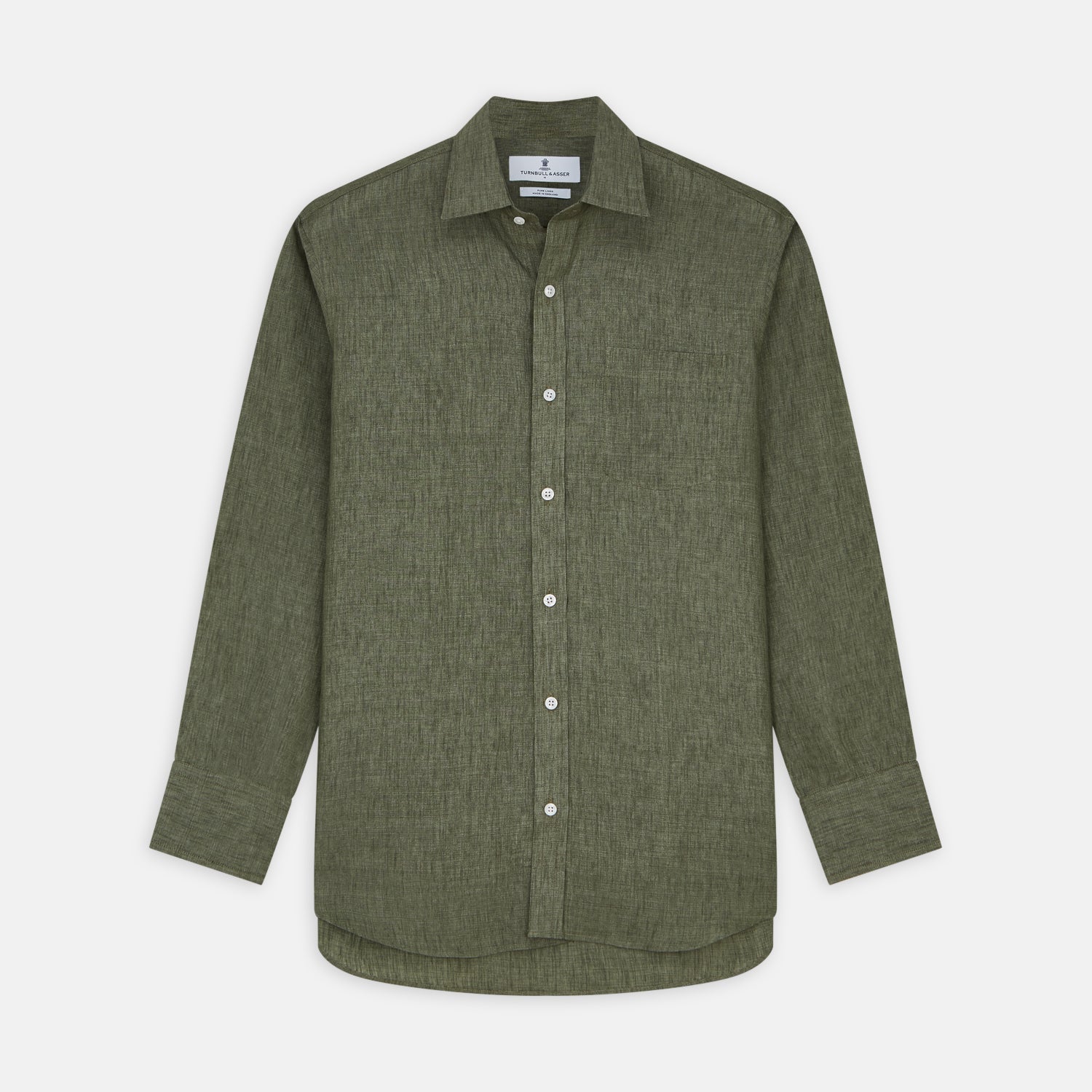 View 1 of product The Sage Green Linen Weekend Fit Finch Shirt by Turnbull & Asser features a classic collar, white buttons, and a single chest pocket—an essential piece for any men's wardrobe. Displayed flat on a white background for a clean look.