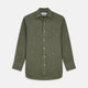 The Sage Green Linen Weekend Fit Finch Shirt by Turnbull & Asser features a classic collar, white buttons, and a single chest pocket—an essential piece for any men's wardrobe. Displayed flat on a white background for a clean look.