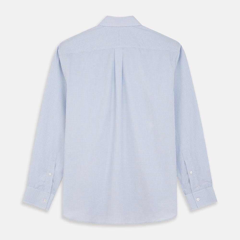 The Turnbull & Asser Pale Blue Multi Check Cashmerello Weekend Fit Hayne Shirt features a Dorset button-down collar, long sleeves, and front buttons. Shown laid flat on a white background.
