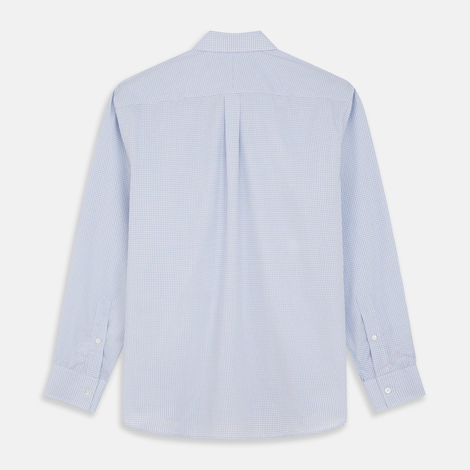 View 5 of product The Turnbull & Asser Pale Blue Multi Check Cashmerello Weekend Fit Hayne Shirt features a Dorset button-down collar, long sleeves, and front buttons. Shown laid flat on a white background.