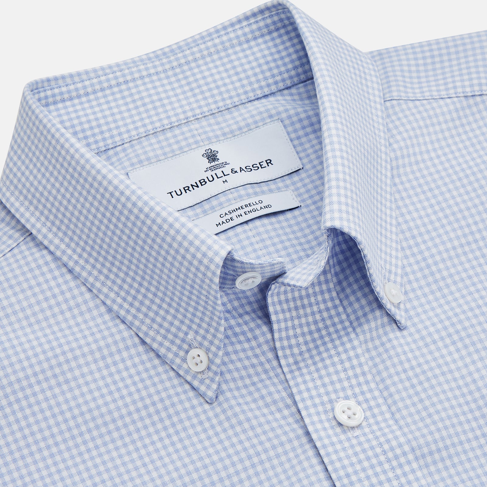 View 2 of product The Turnbull & Asser Pale Blue Multi Check Cashmerello Weekend Fit Hayne Shirt features a Dorset button-down collar, long sleeves, and front buttons. Shown laid flat on a white background.