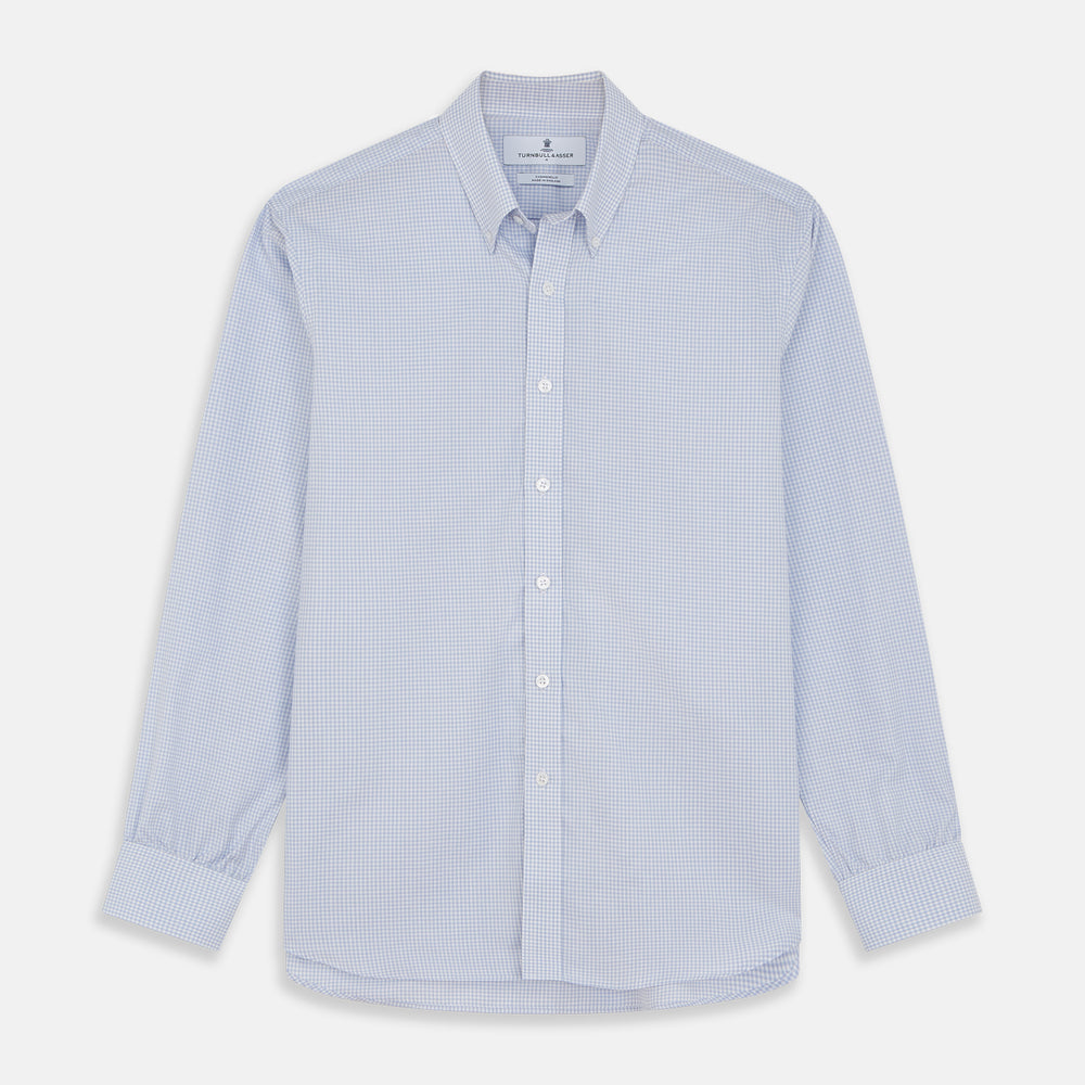 The Turnbull & Asser Pale Blue Multi Check Cashmerello Weekend Fit Hayne Shirt features a Dorset button-down collar, long sleeves, and front buttons. Shown laid flat on a white background.