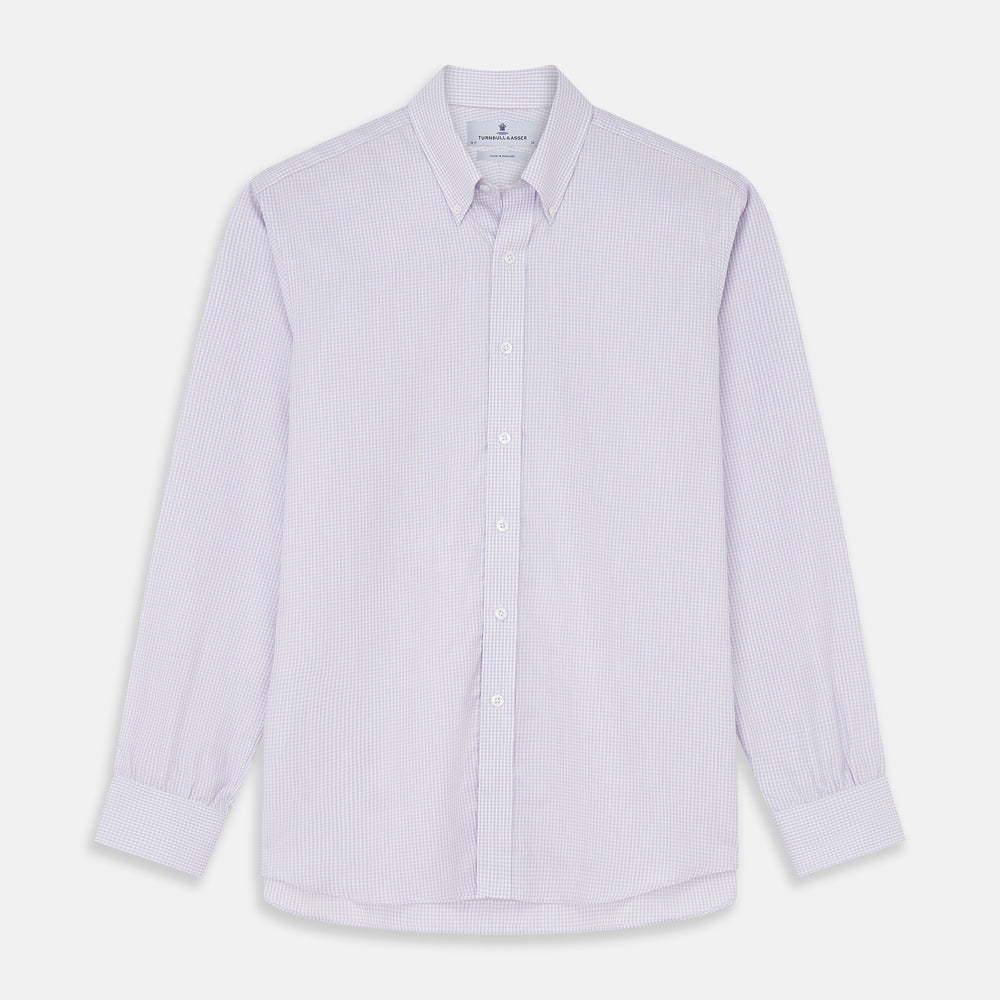 The Blue Multi Check Cashmerello Weekend Fit Hayne Shirt by Turnbull & Asser features long sleeves, a button-down front, Dorset collar, buttoned cuffs, and a blue check pattern, shown laid flat on a white background.