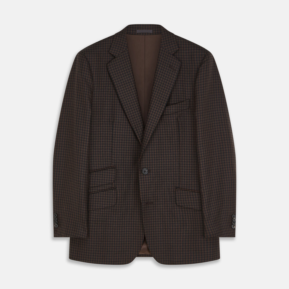 The Turnbull & Asser Brown and Navy Checked Wool Barrington Blazer, tailored in Italy with notched lapels, a chest pocket, two front flap pockets, and a single-breasted closure, is shown on a plain white background.