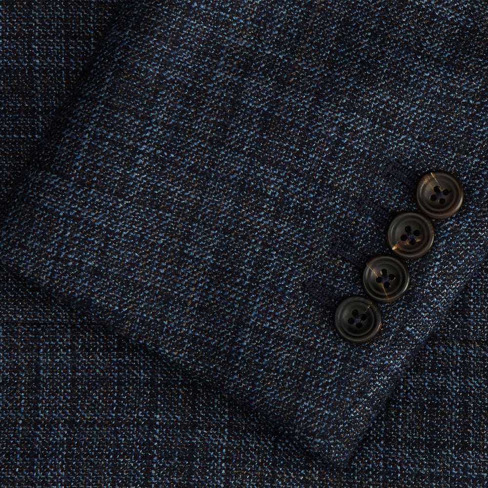 The Turnbull & Asser Navy Check Wool and Cashmere Blend Double Breasted Bertie Blazer features peak lapels, front flap pockets, and brown buttons, shown against a plain white background.