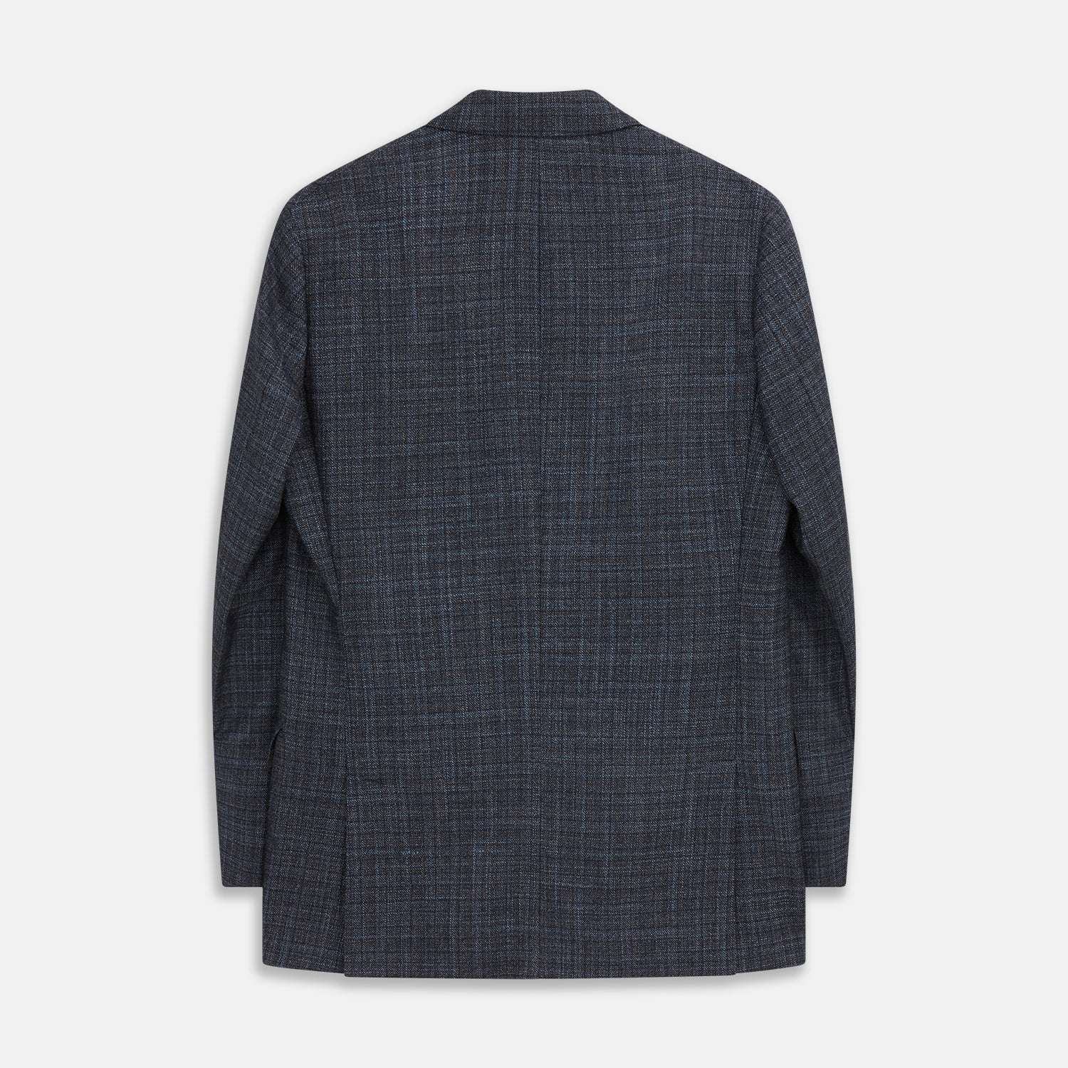 View 4 of product The Turnbull & Asser Navy Check Wool and Cashmere Blend Double Breasted Bertie Blazer features peak lapels, front flap pockets, and brown buttons, shown against a plain white background.