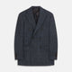The Turnbull & Asser Navy Check Wool and Cashmere Blend Double Breasted Bertie Blazer features peak lapels, front flap pockets, and brown buttons, shown against a plain white background.