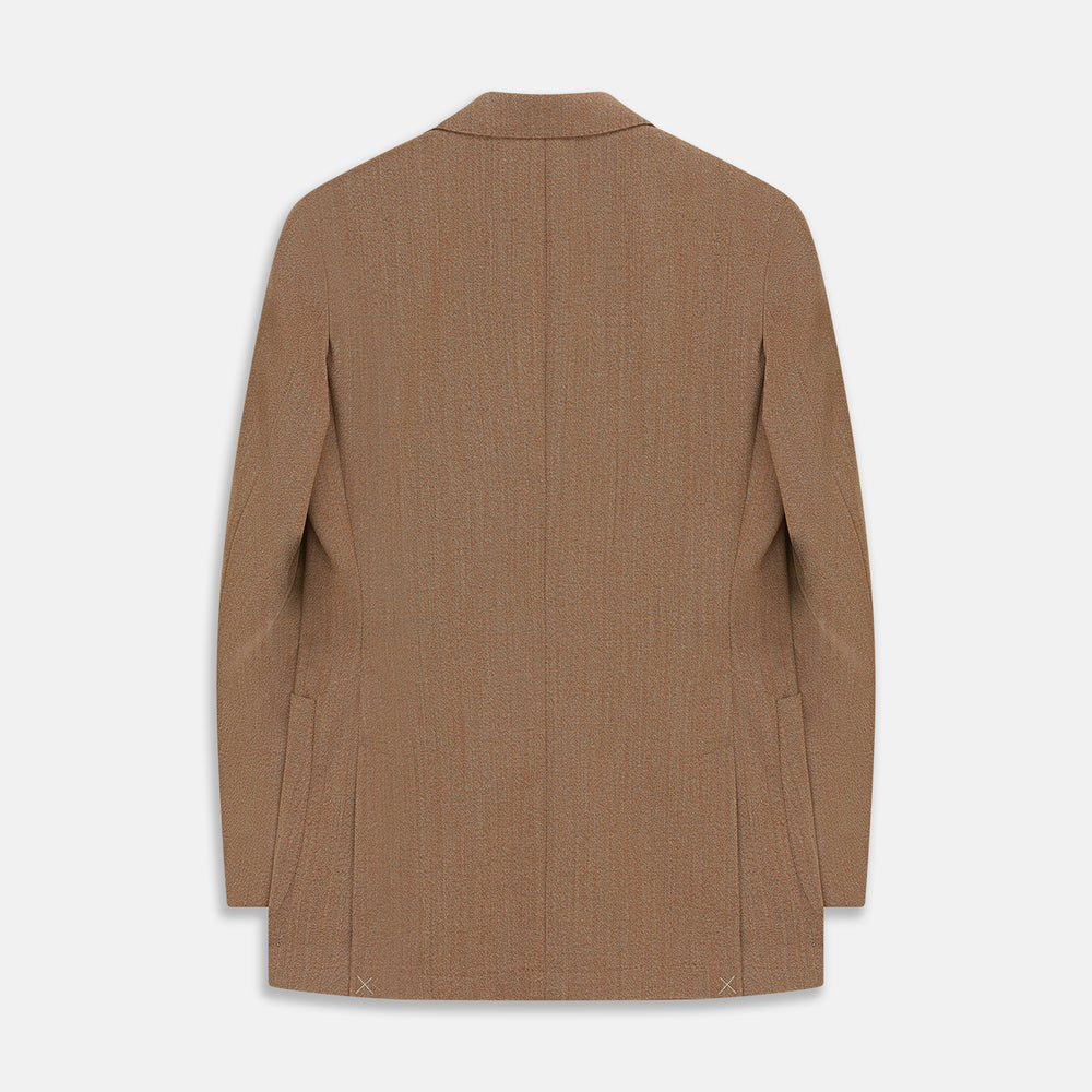 The Brown Virgin Wool Bern Blazer by Turnbull & Asser features notch lapels, two front patch pockets, a chest pocket, buttoned cuffs, and two buttons, shown over a beige collared shirt against a white background.