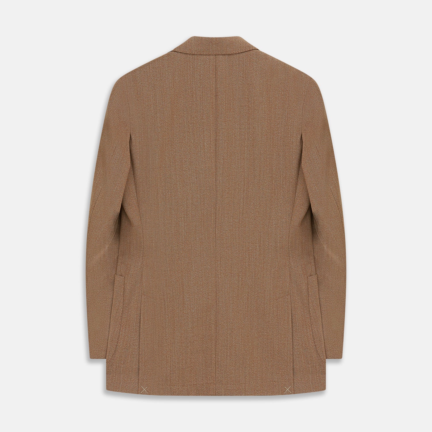 View 4 of product The Brown Virgin Wool Bern Blazer by Turnbull & Asser features notch lapels, two front patch pockets, a chest pocket, buttoned cuffs, and two buttons, shown over a beige collared shirt against a white background.