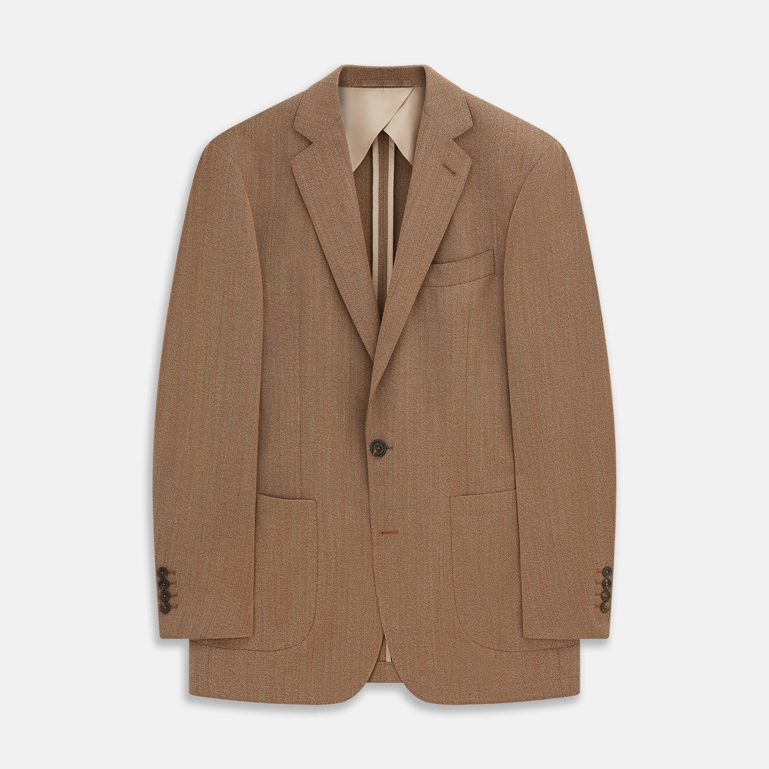 View 1 of product The Brown Virgin Wool Bern Blazer by Turnbull & Asser features notch lapels, two front patch pockets, a chest pocket, buttoned cuffs, and two buttons, shown over a beige collared shirt against a white background.