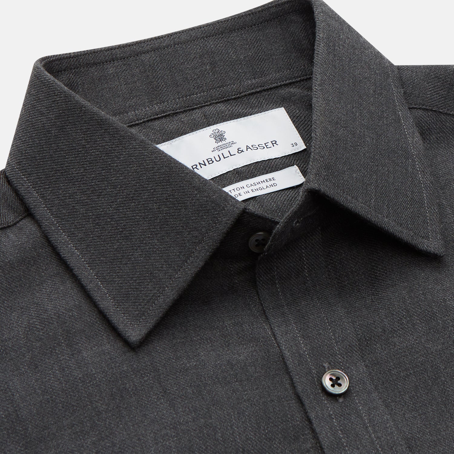 View 2 of product The Turnbull & Asser Charcoal Cotton and Wool Blend Regular Fit Mayfair Shirt features a classic collar, front buttons, and buttoned cuffs—ideal for fans of timeless Mayfair shirts.