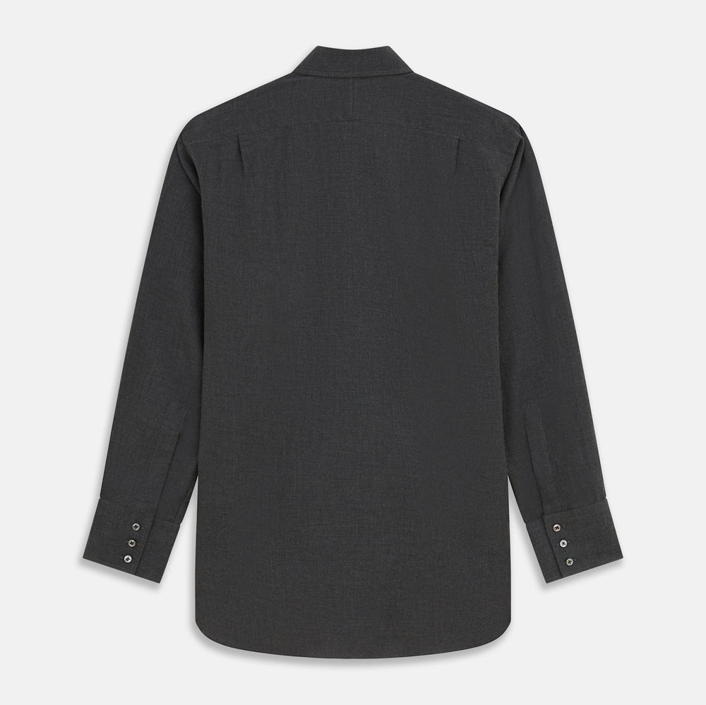 The Turnbull & Asser Charcoal Cotton and Wool Blend Regular Fit Mayfair Shirt features a classic collar, front buttons, and buttoned cuffs—ideal for fans of timeless Mayfair shirts.