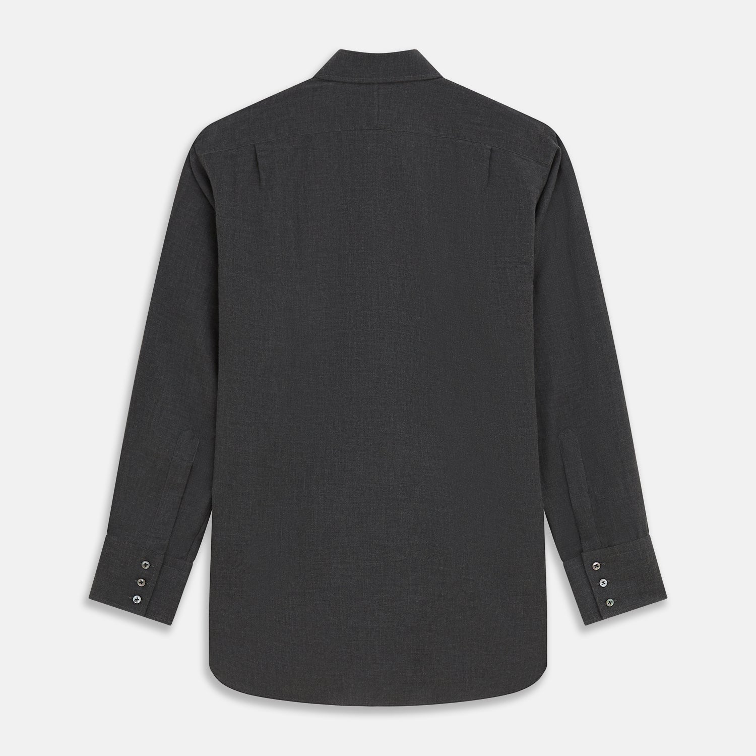 View 5 of product The Turnbull & Asser Charcoal Cotton and Wool Blend Regular Fit Mayfair Shirt features a classic collar, front buttons, and buttoned cuffs—ideal for fans of timeless Mayfair shirts.