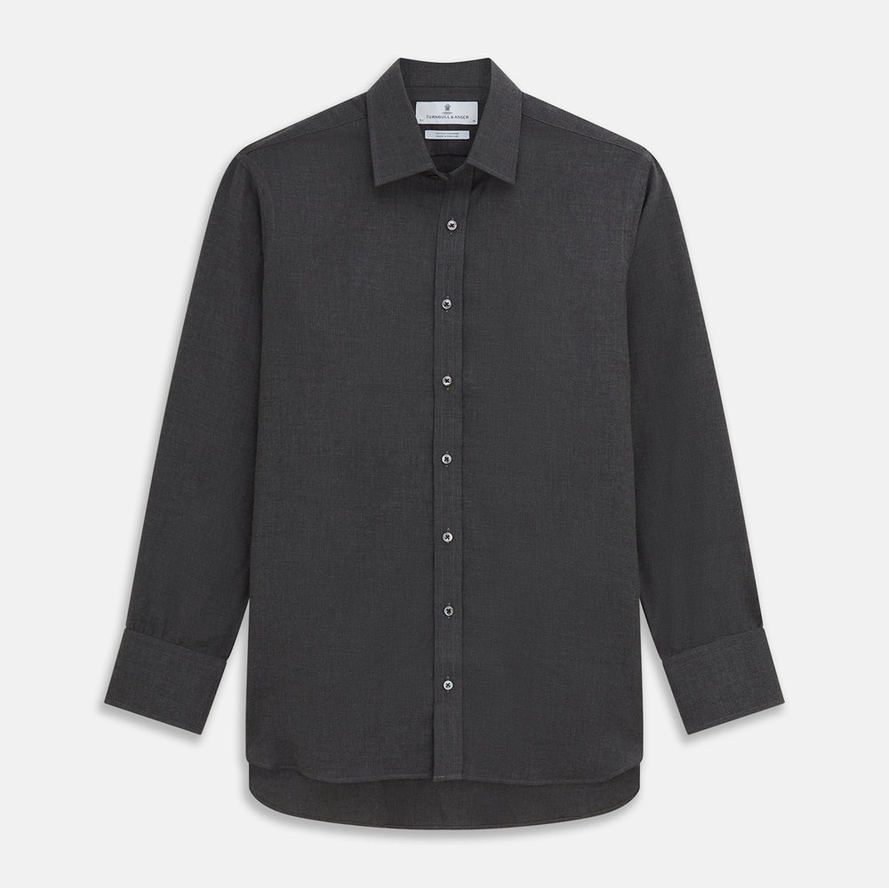 The Turnbull & Asser Charcoal Cotton and Wool Blend Regular Fit Mayfair Shirt features a classic collar, front buttons, and buttoned cuffs—ideal for fans of timeless Mayfair shirts.