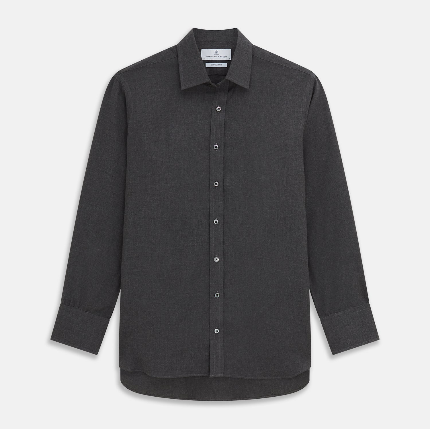 View 1 of product The Turnbull & Asser Charcoal Cotton and Wool Blend Regular Fit Mayfair Shirt features a classic collar, front buttons, and buttoned cuffs—ideal for fans of timeless Mayfair shirts.