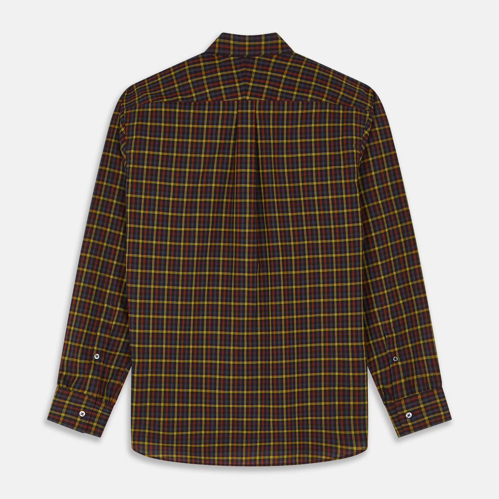 The Turnbull & Asser Blue, Yellow and Red Multi Check Wool Weekend Fit Finch Shirt is a men's long-sleeve button-up with a pointed collar and chest pocket, displayed on a plain white background.