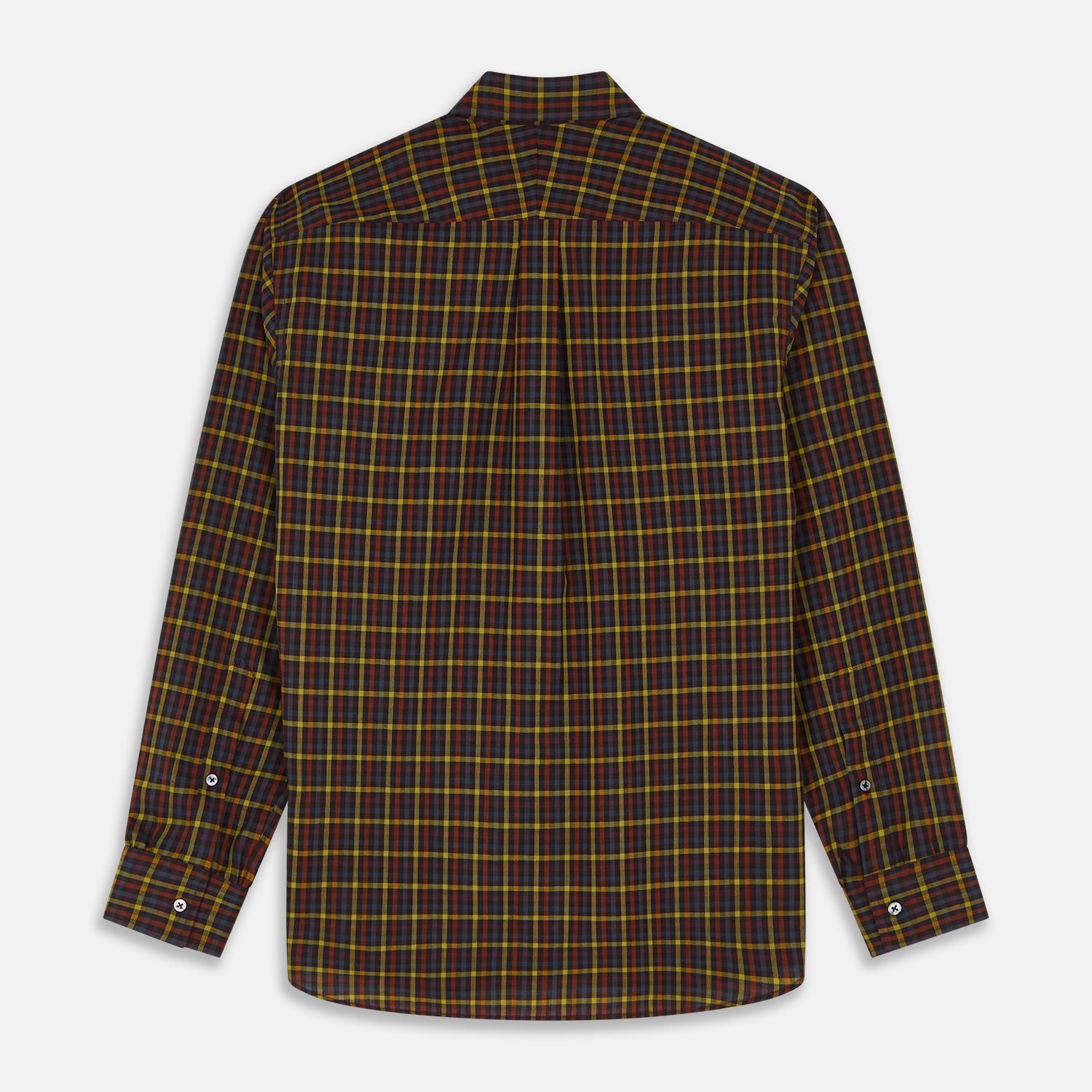 View 5 of product The Turnbull & Asser Blue, Yellow and Red Multi Check Wool Weekend Fit Finch Shirt is a men's long-sleeve button-up with a pointed collar and chest pocket, displayed on a plain white background.