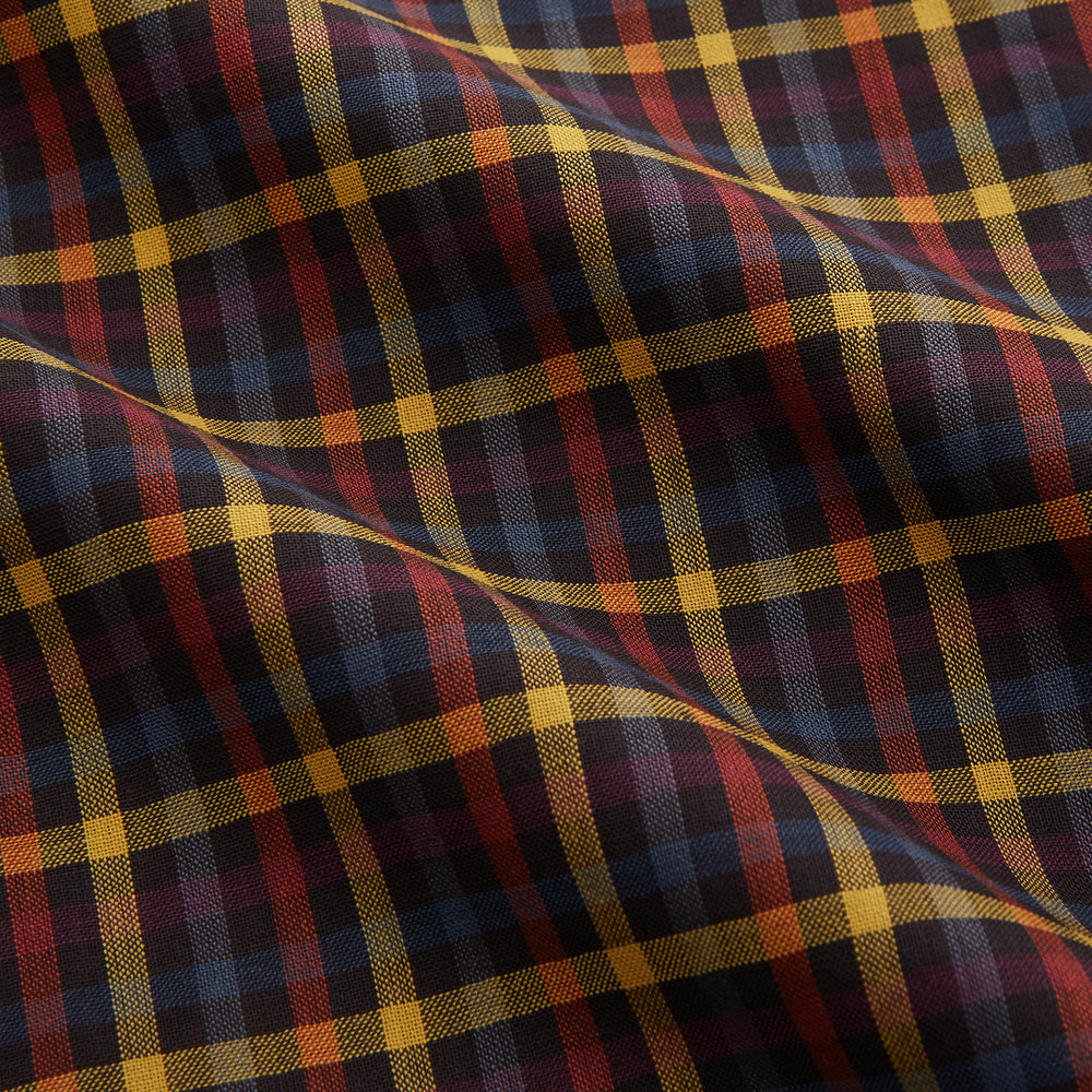 The Turnbull & Asser Blue, Yellow and Red Multi Check Wool Weekend Fit Finch Shirt is a men's long-sleeve button-up with a pointed collar and chest pocket, displayed on a plain white background.